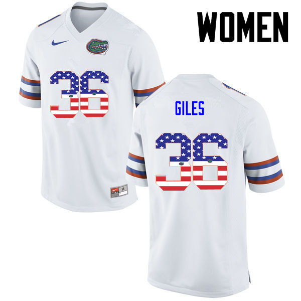 Women Florida Gators #36 Eddie Giles College Football USA Flag Fashion Jerseys-White - Click Image to Close